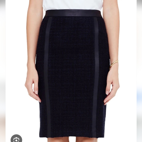 Club Monaco Dresses & Skirts - CLUB MONACO | Tweed Pencil Skirt Navy Wool Black Faux Leather Sz 12